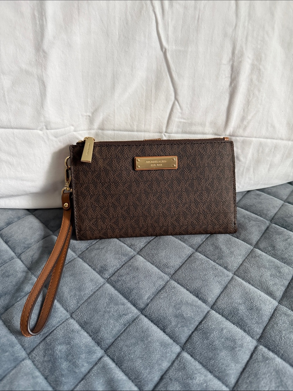 Michael Kors Dark Brown and Tan Logo Wristlet with Gold Hardware Wristlet